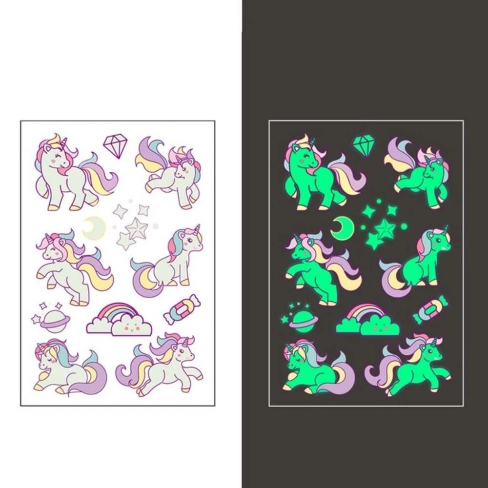 🦄 Awesome Glow In The Dark Colorful Unicorns Sheet Of Temporary Tattoos 🦄